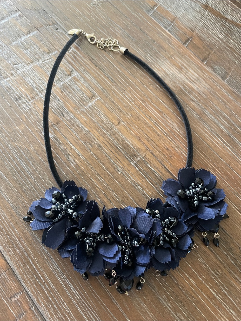 Navy Floral Statement Necklace with Beaded Accents